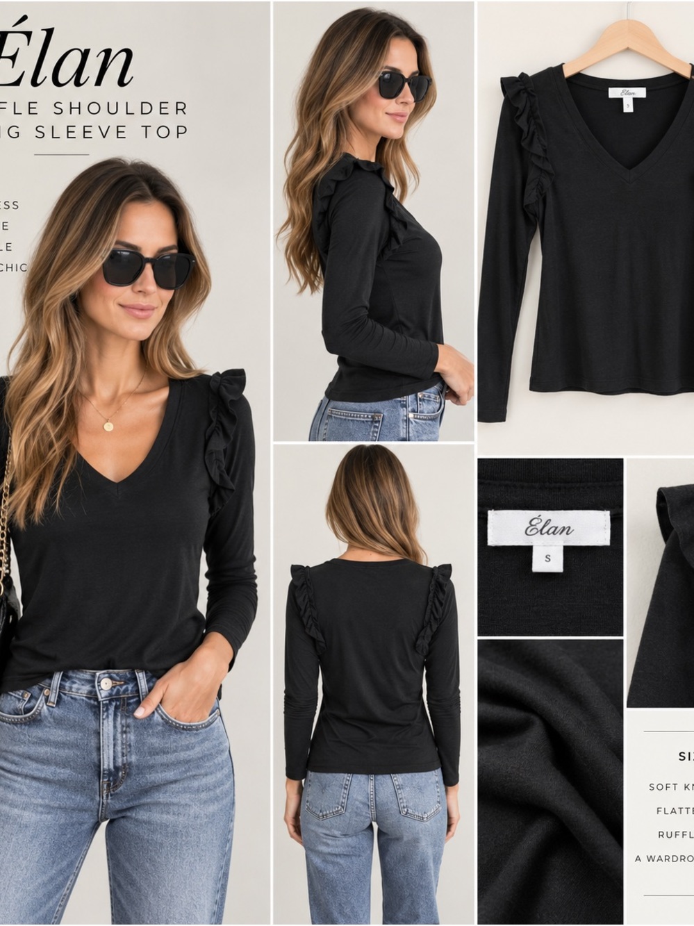 Élan Black Ruffle Shoulder V-Neck Long Sleeve Top Size S